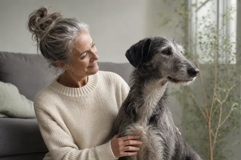 Ein aufmerksamer Lurcher Hund steht in natürlicher Haltung vor hellem neutralem Hintergrund.