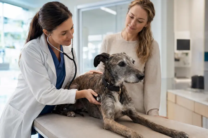 Ein Lurcher Hund wird von einer freundlichen Tierärztin in einer modernen Praxis mit einem Stethoskop untersucht, während der Besitzer beruhigend daneben steht.