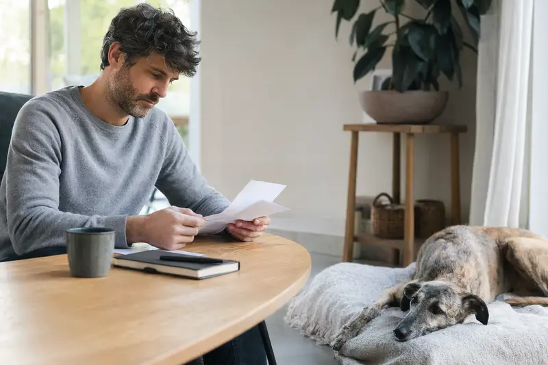 Besitzer sitzt ruhig am Tisch mit einer Tierarztrechnung, während ein entspannter Lurcher-Hund auf einer Decke daneben liegt.