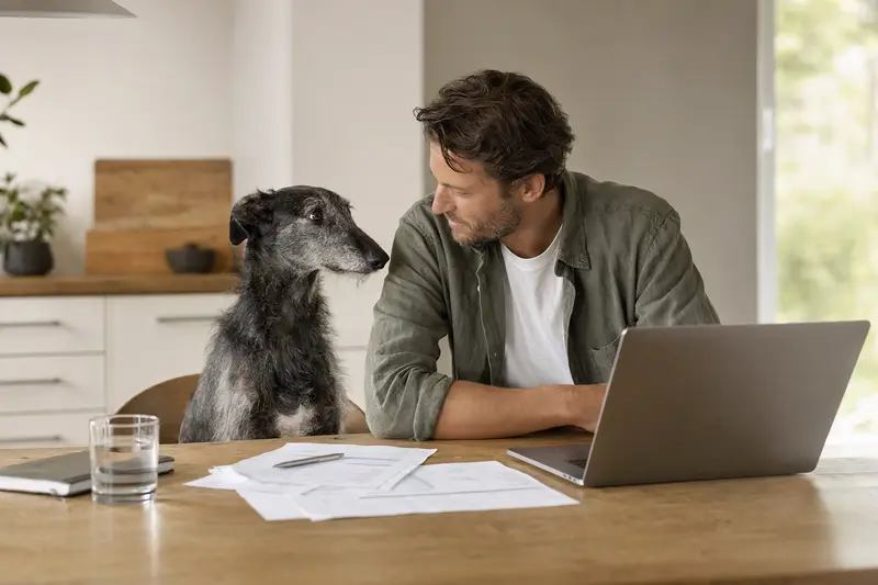 Ein Lurcher Hund sitzt entspannt neben seinem Besitzer am Küchentisch, auf dem Versicherungsunterlagen und ein Laptop liegen.