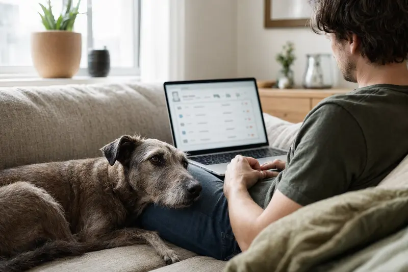 Ein Hundebesitzer arbeitet entspannt mit einem Laptop auf dem Sofa, während sein Lurcher Hund neben ihm sitzt.