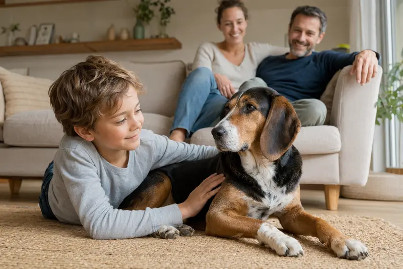 Ein Luzerner Laufhund liegt entspannt neben einem Kind im hellen Wohnzimmer, während die Eltern im Hintergrund eine sichere Familienatmosphäre schaffen.