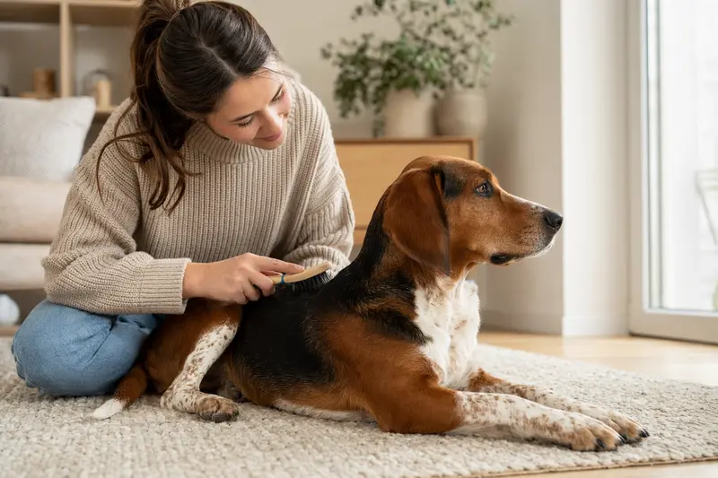 Ein Luzerner Laufhund wird zuhause von seinem Besitzer sanft gebürstet, was die liebevolle Fellpflege und Verantwortung für die Hundegesundheit zeigt.