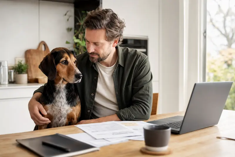 Ein Luzerner Laufhund sitzt friedlich neben seinem Besitzer am Küchentisch, auf dem Versicherungsunterlagen und ein Laptop liegen.