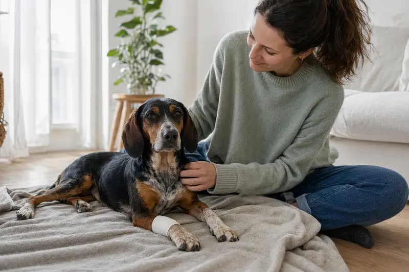 Ein Luzerner Laufhund mit leichtem Verband an der Pfote liegt entspannt auf einer Decke, während sein Besitzer neben ihm sitzt und erleichtert aussieht.