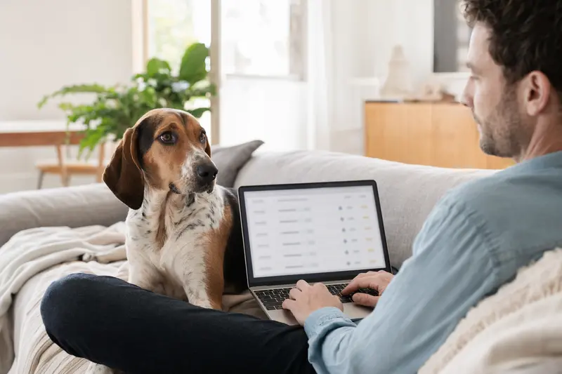 Ein Hundebesitzer arbeitet entspannt am Laptop auf dem Sofa, während sein Luzerner Laufhund neben ihm sitzt und eine Versicherungsvergleichs-Oberfläche auf dem Bildschirm angezeigt wird.
