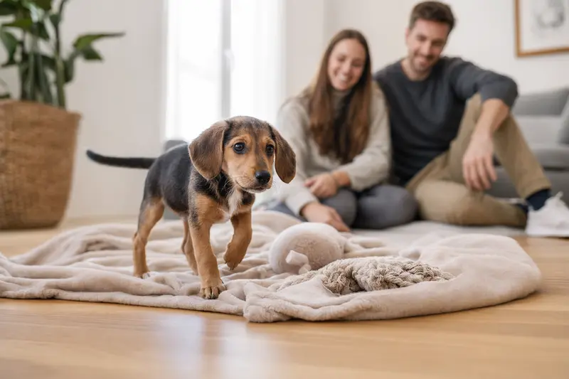 Ein neugieriger Luzerner Laufhund Welpe entdeckt seine weiche Decke und das Spielzeug in einem hellen und freundlichen Zuhause.