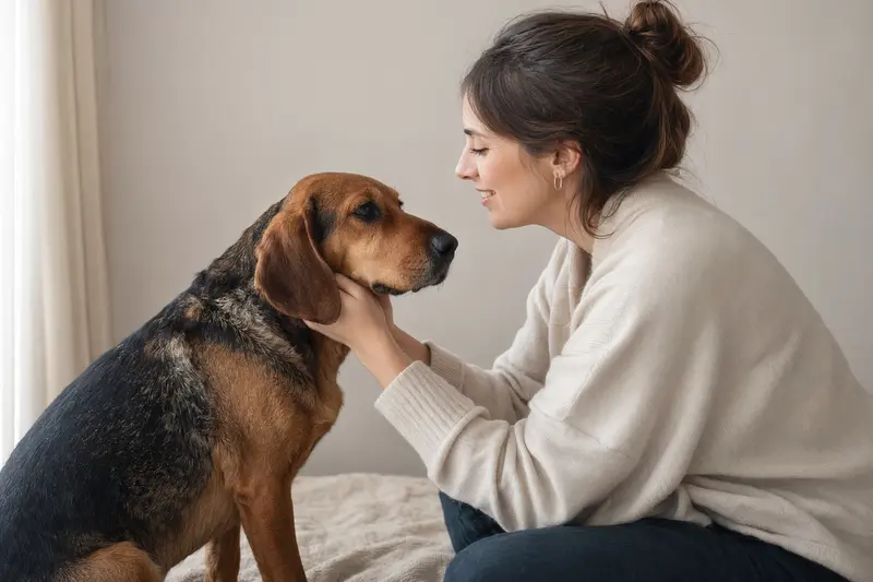 Ein aufmerksamer Luzerner Niederlaufhund steht in natürlicher Haltung vor hellem Hintergrund.