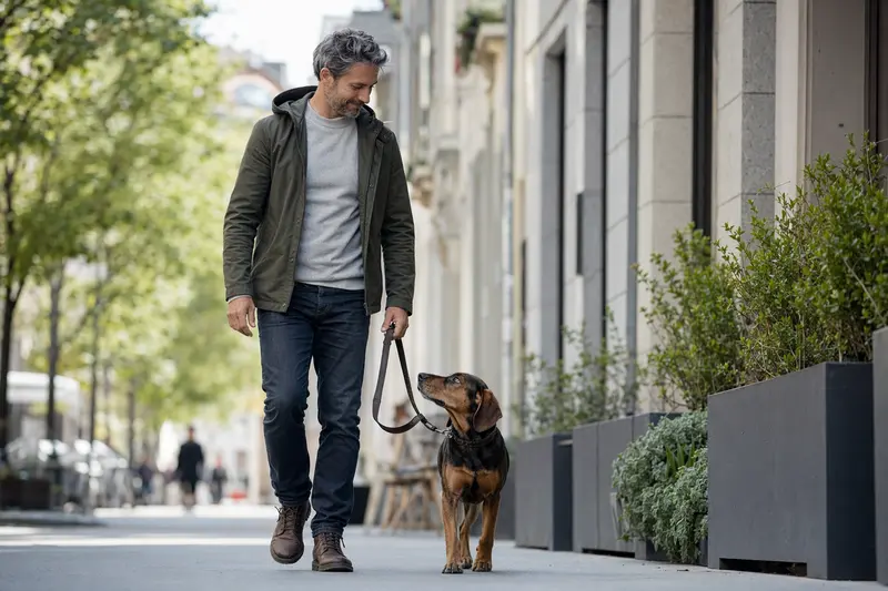 Ein Luzerner Niederlaufhund läuft entspannt an der Leine mit seinem Besitzer durch eine moderne Stadtstraße.