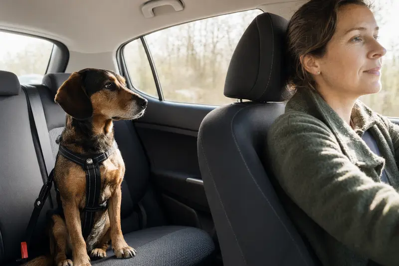 Ein Luzerner Niederlaufhund sitzt sicher angeschnallt auf der Rückbank eines Autos und vermittelt verantwortungsvolle Hundesicherheit im Alltag.