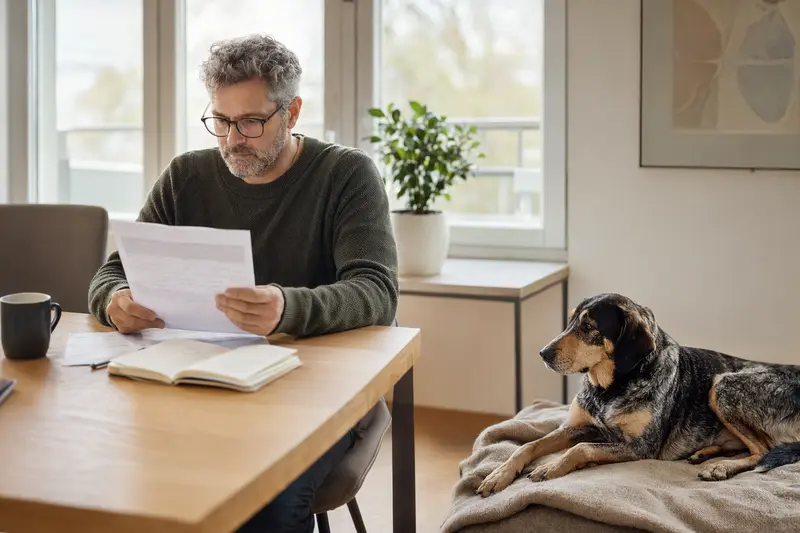 Ein Hundehalter sitzt mit einer Tierarztrechnung am Tisch, während ein ruhiger Luzerner Niederlaufhund entspannt auf einer Decke liegt, passend zum Thema Hundekrankenversicherung.