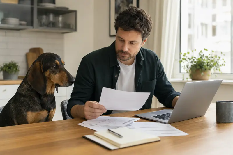 Ein Luzerner Niederlaufhund sitzt neben seinem Besitzer am Küchentisch, während Versicherungsunterlagen und ein Laptop mit Vergleichsseite darauf liegen.