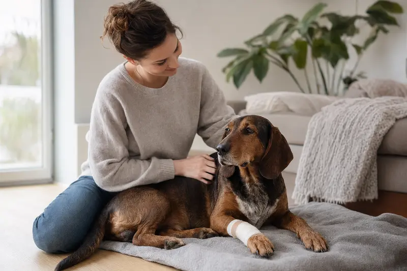 Ein Luzerner Niederlaufhund mit Verband an der Pfote liegt entspannt auf einer Decke, während sein Besitzer erleichtert daneben sitzt.