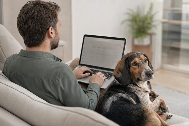 Ein Hund neben einem Besitzer, der auf dem Sofa mit Laptop einen Versicherungsvergleich durchführt.