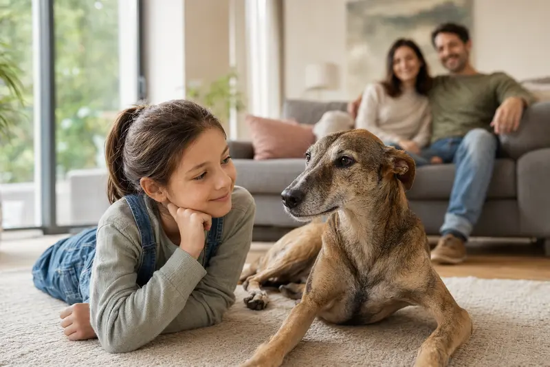 Ein freundlicher Magyar Agar Hund liegt entspannt neben einem Kind im Wohnzimmer in einer sicheren Familienatmosphäre.