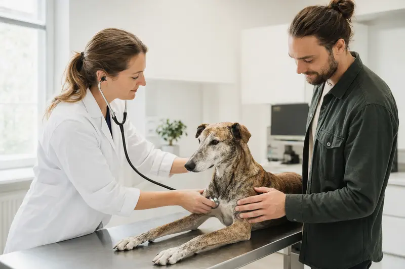 Ein ruhiger Magyar Agar Hund wird von einer freundlichen Tierärztin in einer modernen Praxis mit Stethoskop untersucht, während der Besitzer beruhigend daneben steht.