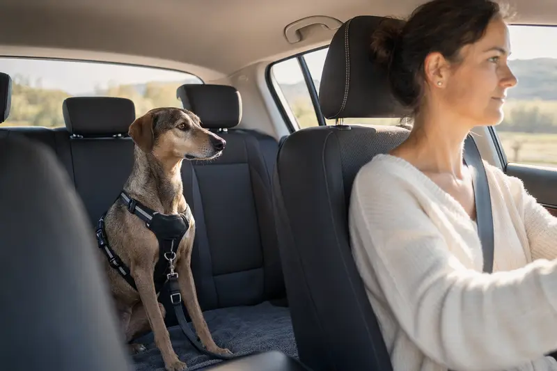 Ein Magyar Agar sitzt angeschnallt auf der Rückbank eines Autos und vermittelt sichere Hundebeförderung und verantwortungsvolle Tierhaltung.