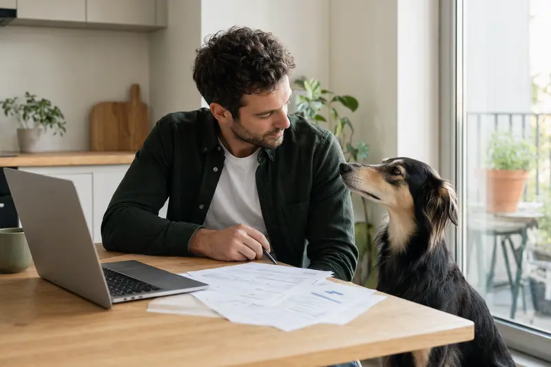 Ein Magyar Agar Hund sitzt entspannt neben seinem Besitzer am Küchentisch mit Versicherungsunterlagen und einem Laptop.