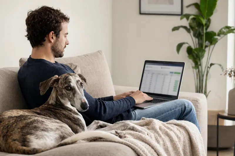 Ein Hundebesitzer sitzt auf dem Sofa mit einem Laptop, während ein Magyar Agar neben ihm liegt und die Bildschirmansicht leicht verschwommen eine Versicherungsvergleichsseite zeigt.