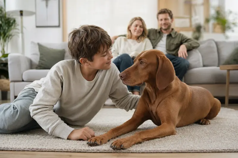 Ein freundlicher Magyar Vizsla liegt entspannt neben einem Kind im Wohnzimmer, während die Eltern im Hintergrund stehen und eine sichere Familienatmosphäre entsteht.