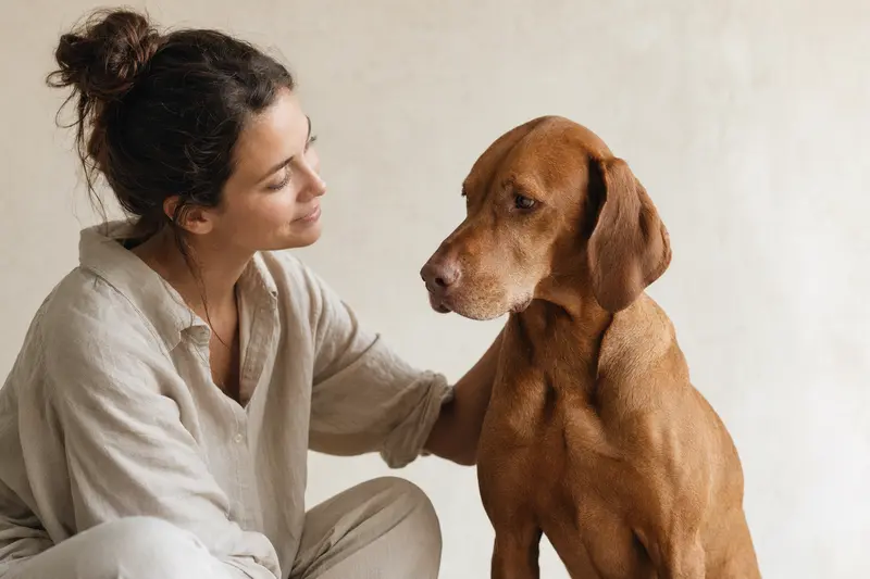 Ein aufmerksamer Magyar Vizsla steht in natürlicher Haltung vor hellem Hintergrund und zeigt ein professionelles Hundeportrait.