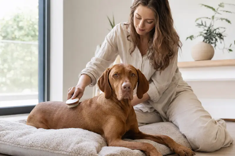 Ein Magyar Vizsla wird in einer hellen Wohnung sanft gebürstet, während sein Besitzer die Fellpflege liebevoll übernimmt.