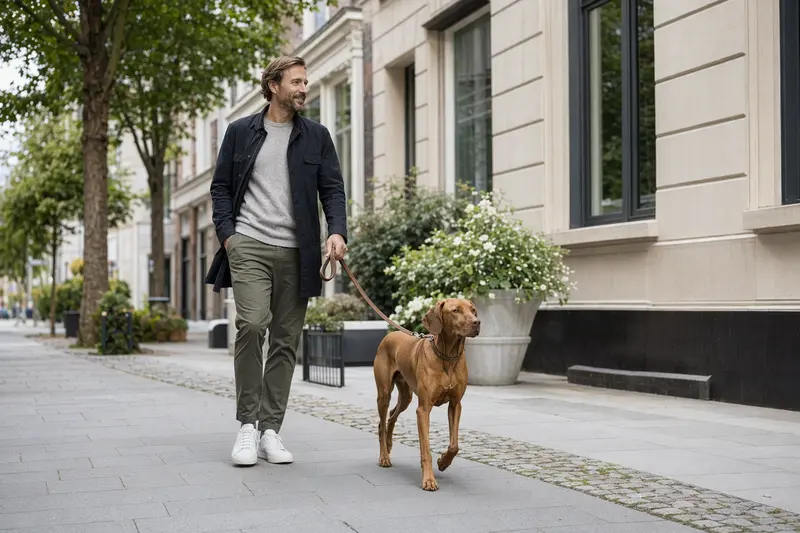 Ein Magyar Vizsla läuft an der Leine mit seinem Besitzer durch eine freundliche moderne Stadtstraße.