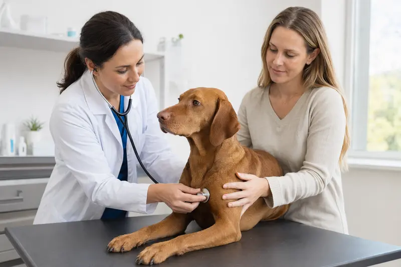 Eine freundliche Tierärztin untersucht behutsam einen Magyar Vizsla Hund auf einem Untersuchungstisch in einer modernen Tierarztpraxis.
