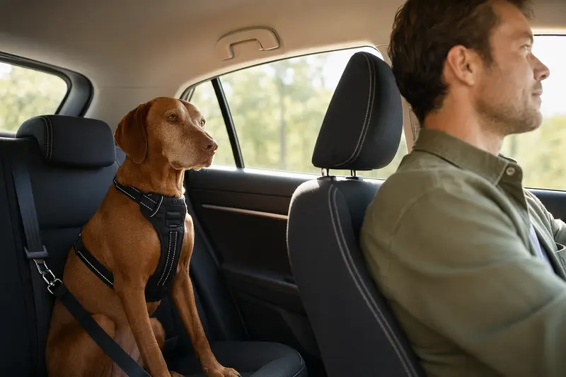 Magyar Vizsla sitzt sicher angeschnallt auf der Rückbank eines Autos, während der Besitzer ruhig fährt und Sonnenlicht durch das Fenster fällt.