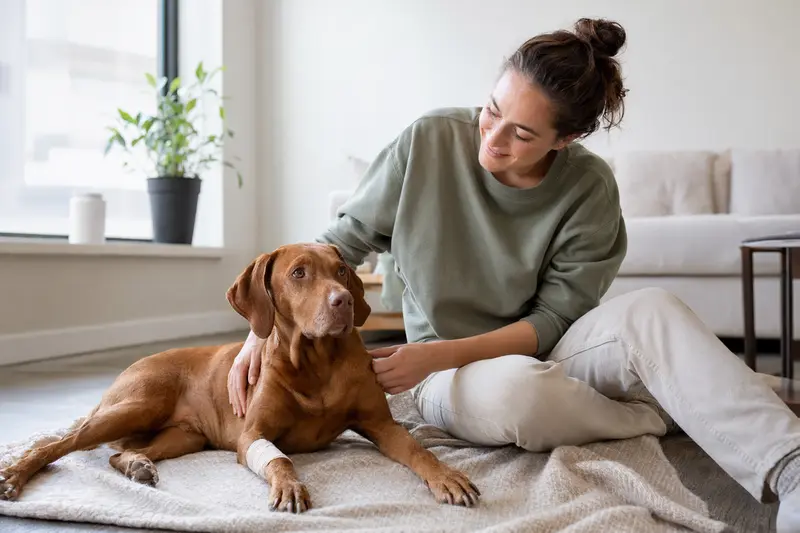 Ein Magyar Vizsla mit Verband an der Pfote liegt neben seinem erleichterten Besitzer auf einer Decke in einer hellen Wohnung.