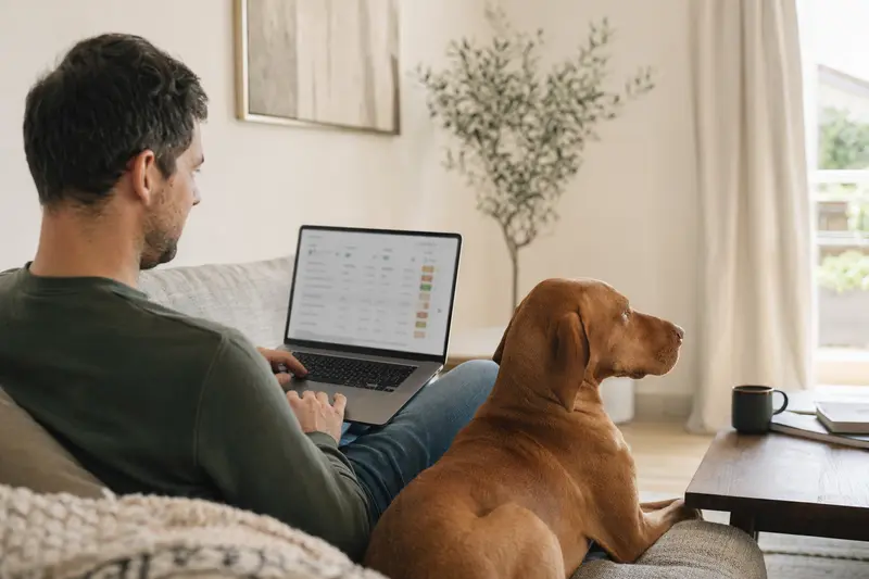 Ein Hundebesitzer arbeitet entspannt am Laptop auf dem Sofa, während sein Magyar Vizsla Hund neben ihm sitzt.