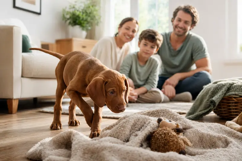 Ein neugieriger Magyar Vizsla Welpe erkundet sein neues Zuhause mit einer weichen Decke und Spielzeug im Hintergrund.