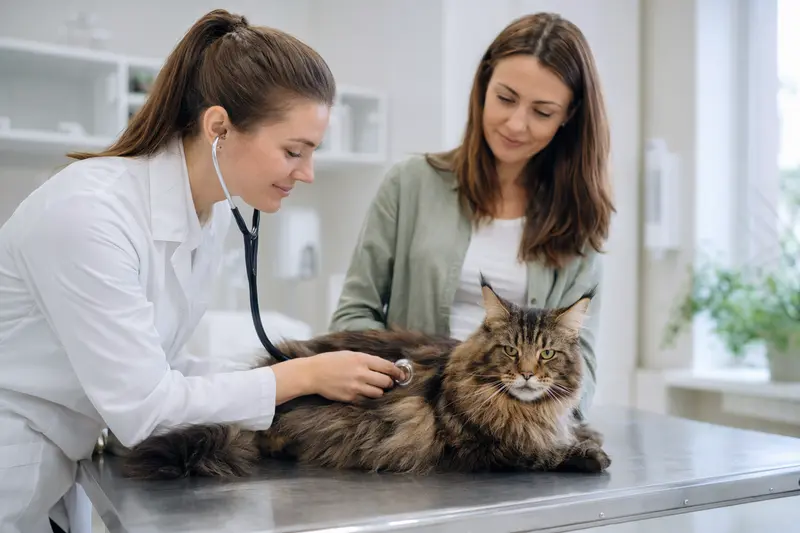 Eine Maine Coon Katze wird behutsam von einer freundlichen Tierärztin auf einem Untersuchungstisch in einer modernen Tierarztpraxis untersucht.
