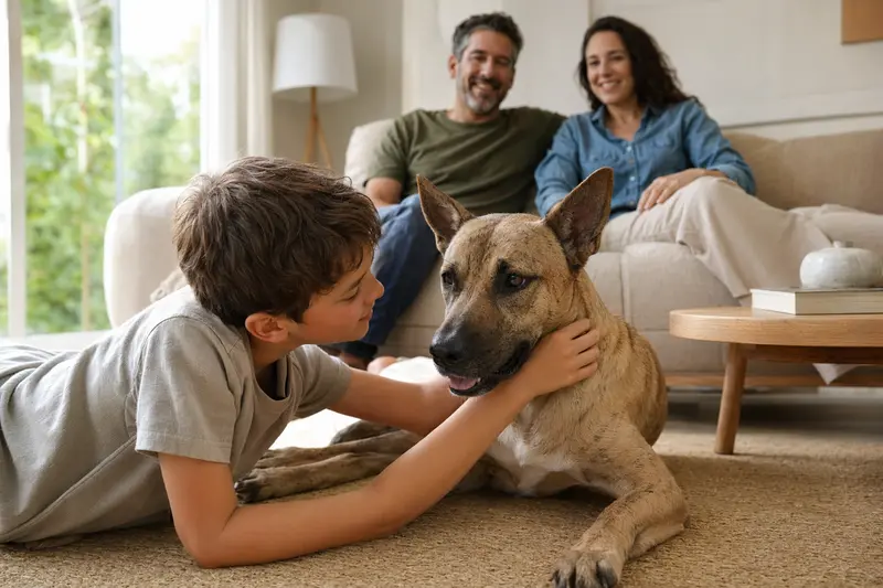 Ein Majorero Canario Hund liegt entspannt neben einem Kind im hellen Wohnzimmer in einer sicheren Familienatmosphäre.