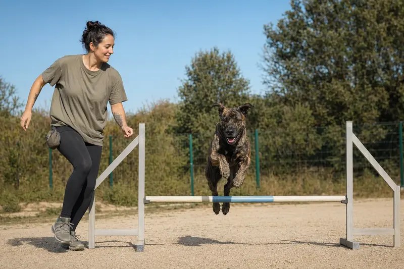 Ein Majorero Canario trainiert mit seinem Besitzer an einer kleinen Hürde auf dem Hundeplatz und zeigt Freude und Bewegung bei sonnigem Wetter.
