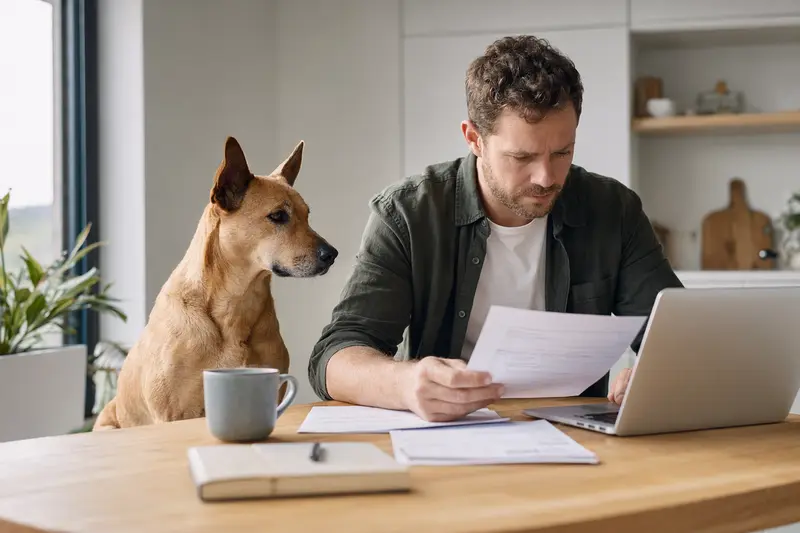 Ein Majorero Canario Hund sitzt ruhig neben seinem Besitzer am Küchentisch, während Versicherungsunterlagen und ein Laptop auf dem Tisch liegen.