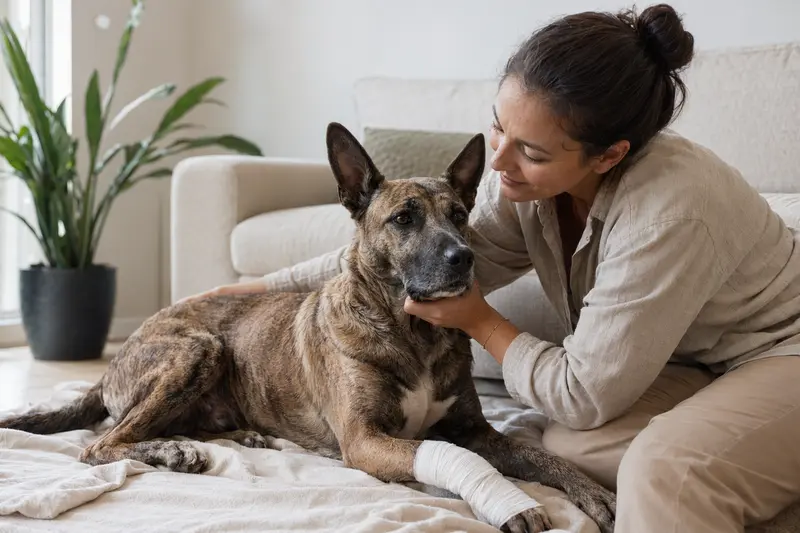 Ein Majorero Canario Hund mit Verband liegt entspannt auf einer Decke, neben seinem erleichterten Besitzer in einer hellen Wohnung.