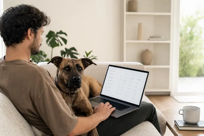 Ein Hundebesitzer arbeitet am Laptop auf dem Sofa, neben ihm sitzt ein Majorero Canario Hund.