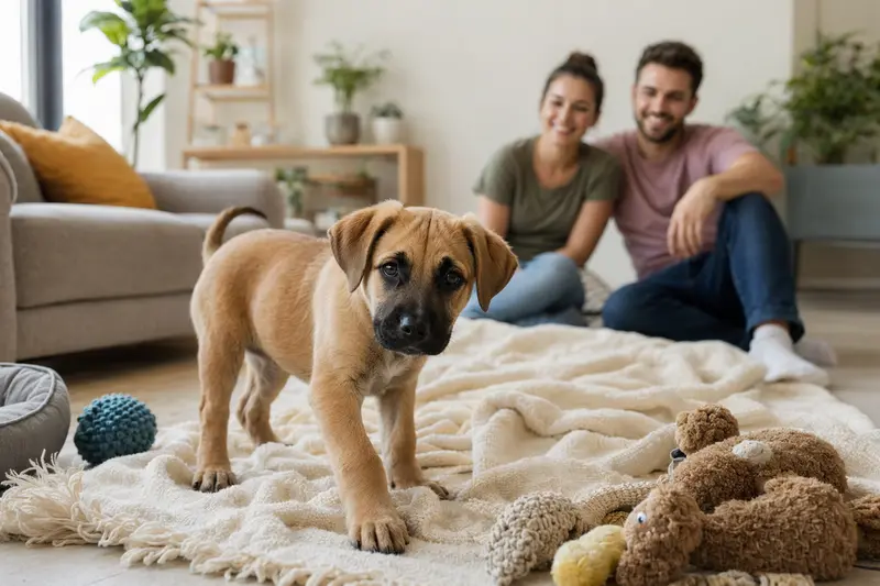 Ein junger Majorero Canario Welpe erkundet neugierig sein neues Zuhause mit weicher Decke und Spielzeug.