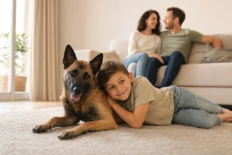 Ein freundlicher Malinois Hund liegt entspannt neben einem Kind im hellen Wohnzimmer, während die Eltern im Hintergrund eine sichere Familienatmosphäre schaffen.