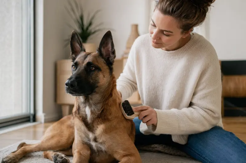Ein Malinois wird in einer hellen Wohnung sanft von seinem Besitzer gebürstet, was die liebevolle Fellpflege und verantwortungsvolle Hundegesundheit zeigt.