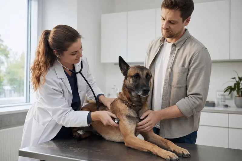 Eine Tierärztin untersucht einen ruhigen Malinois auf dem Untersuchungstisch in einer modernen Tierarztpraxis, während der Besitzer beruhigend danebensteht.