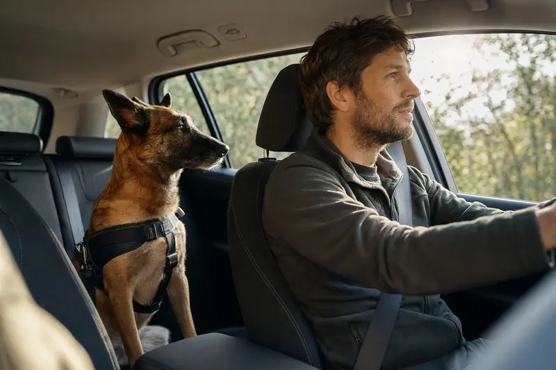 Ein Malinois sitzt sicher angeschnallt auf der Rückbank eines Autos, während der Fahrer ruhig unterwegs ist.