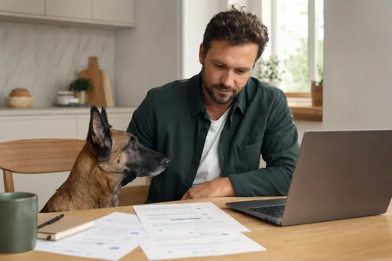 Ein Malinois sitzt ruhig neben seinem Besitzer am Küchentisch, während Versicherungsunterlagen und ein Laptop mit einer neutralen Vergleichsseite vor ihm liegen.