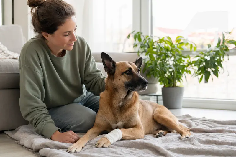 Ein Malinois mit leichtem Verband an der Pfote liegt ruhig auf einer Decke, während sein Besitzer erleichtert neben ihm sitzt.