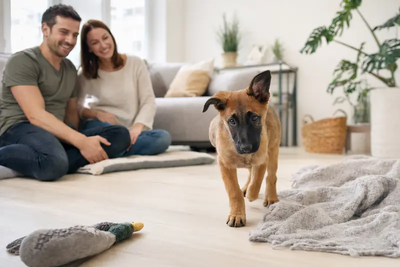 Ein junger Malinois-Welpe entdeckt neugierig sein neues Zuhause auf einer weichen Decke mit Spielzeug in einer hellen Wohnung.
