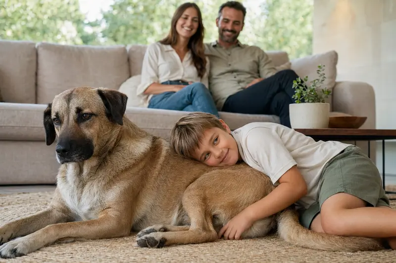 Mallorca-Dogge liegt entspannt neben einem Kind im Wohnzimmer, während die Eltern im Hintergrund eine sichere Familienatmosphäre schaffen.
