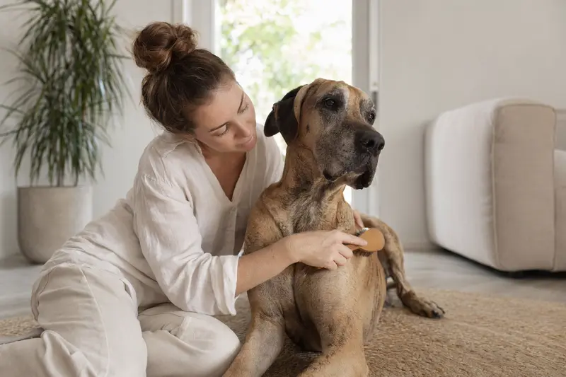 Ein Mallorca-Dogge Hund wird in einer hellen Wohnung sanft gebürstet, während der Besitzer die Fellpflege liebevoll übernimmt.