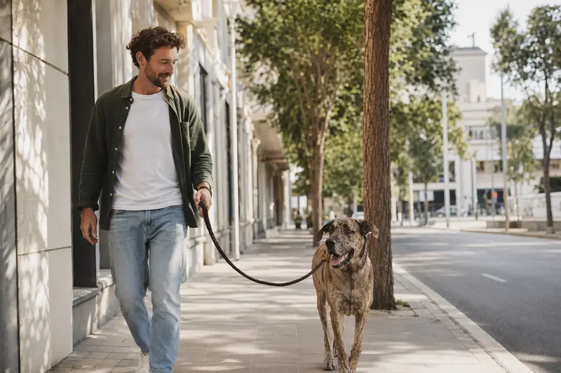 Eine Mallorca-Dogge läuft mit ihrem Besitzer entspannt an der Leine durch eine moderne Stadtstraße.