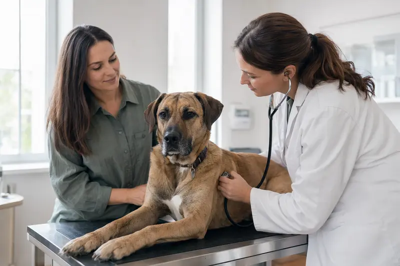 Eine ruhige Mallorca-Dogge auf einem Untersuchungstisch wird behutsam von einer Tierärztin mit einem Stethoskop untersucht.